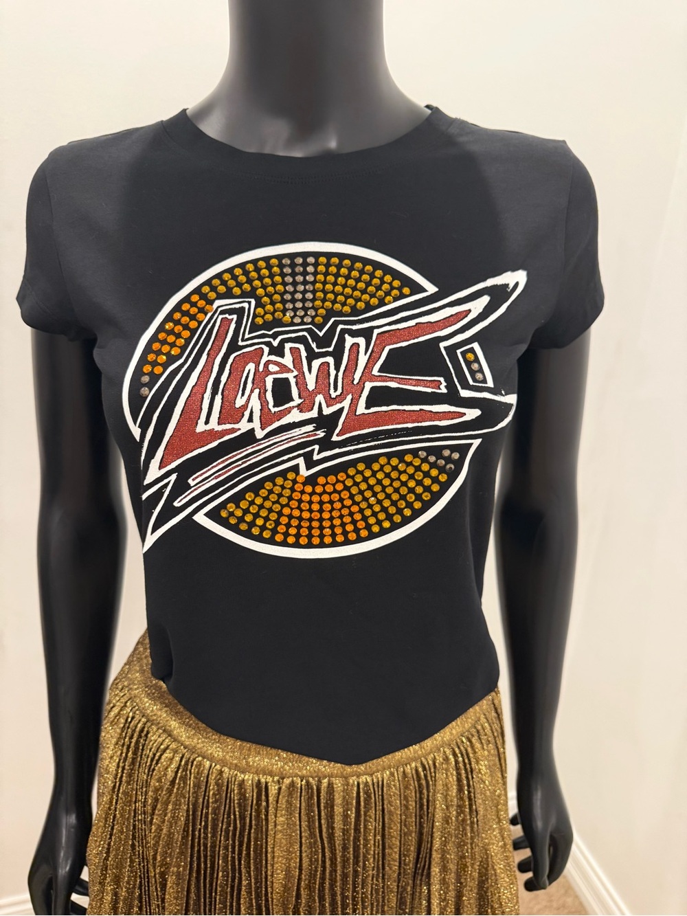 Loewe Love Crystal Logo T-Shirt Black Rhinestone Tee Size S Made in Portugal